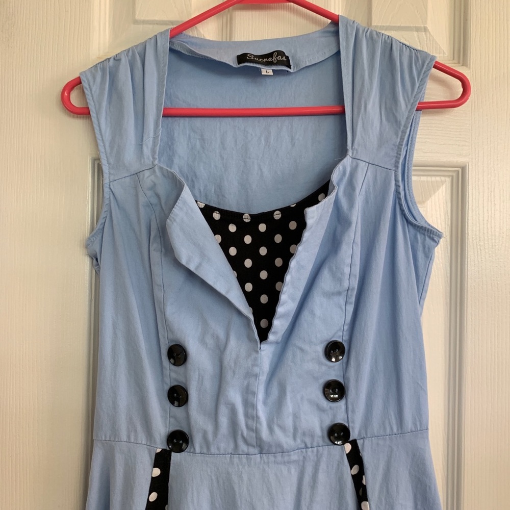 Vintage Light Blue Midi Dress with Black & White Polka Dot Trim